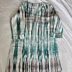 Woman Peck And Peck 100% Linen V-neck Dress 3/4 Sleeve White Teal Brown SizeM